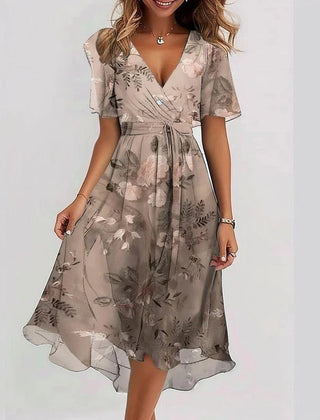 Beige floral summer dress with V-neck, short sleeves, tie waist, flowy midi skirt