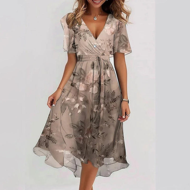 Beige floral summer dress with V-neck, short sleeves, tie waist, flowy midi skirt
