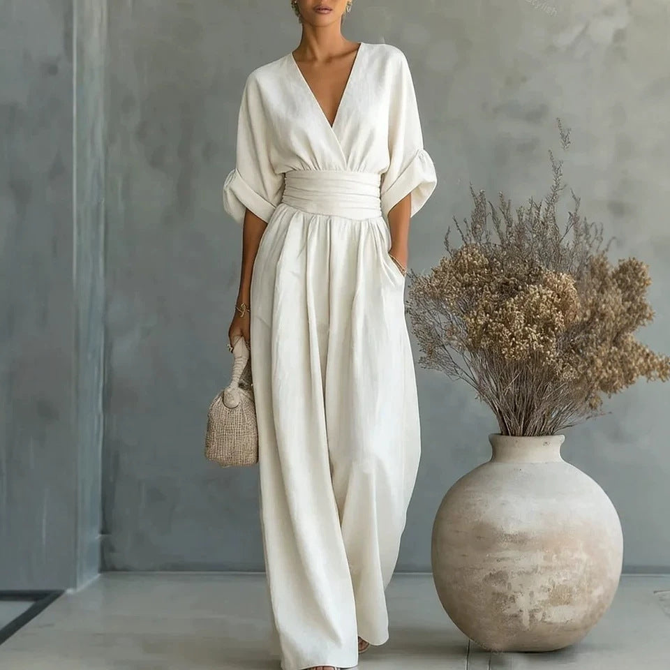 Women’s wide-leg jumpsuit in white with V-neck and elastic waist