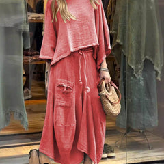 Sabrina set in red: long-sleeve tunic top and maxi skirt with distressed patch pockets