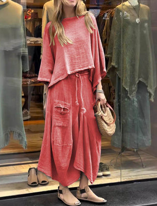 Sabrina set in red: long-sleeve tunic top and maxi skirt with distressed patch pockets