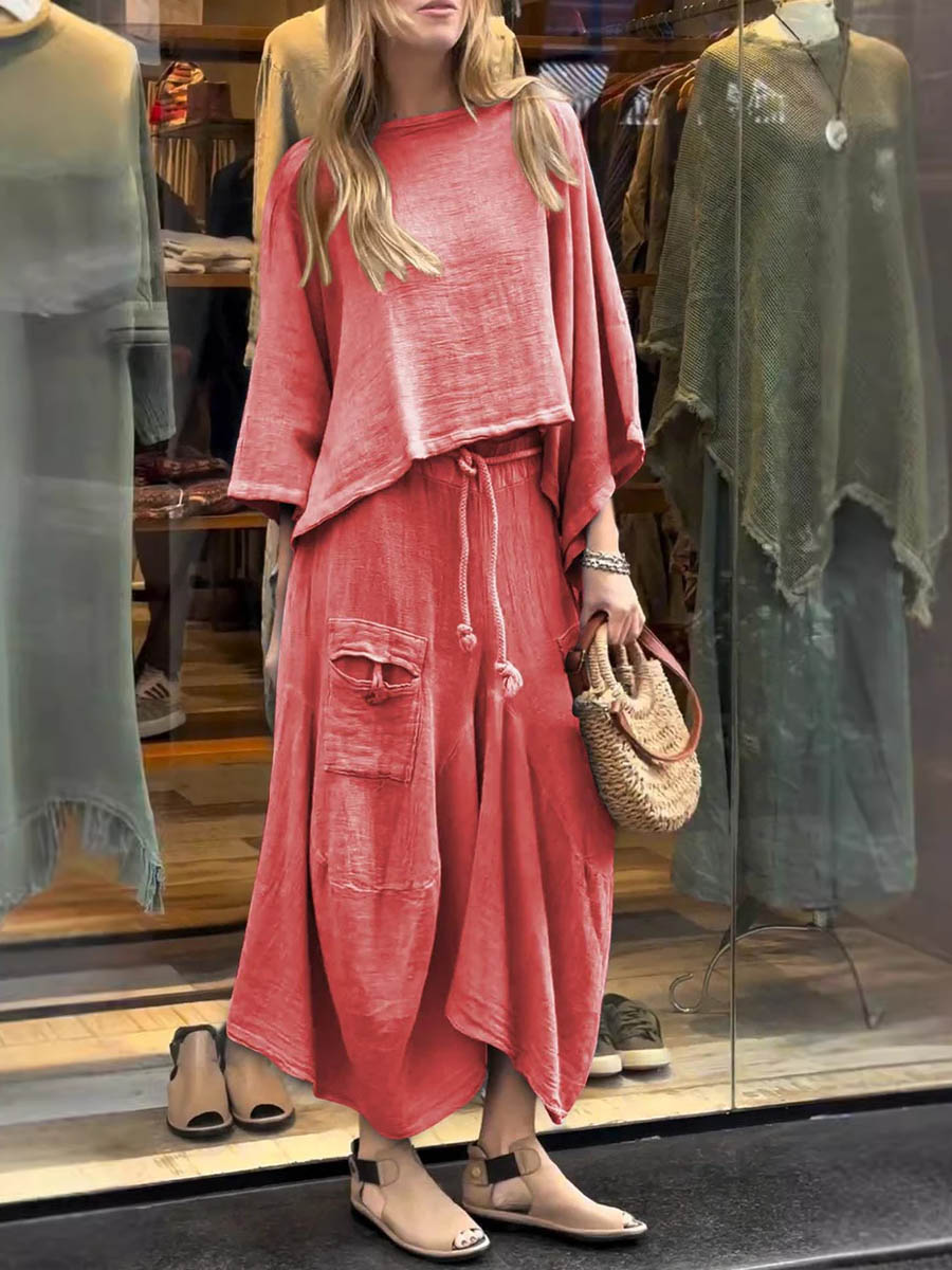 Sabrina set in red: long-sleeve tunic top and maxi skirt with distressed patch pockets