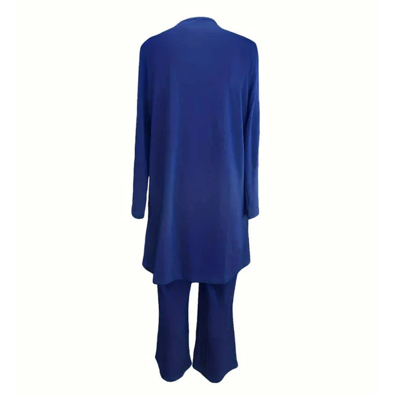 Blue 3-piece lounge set with long tunic and wide-leg pants, back view