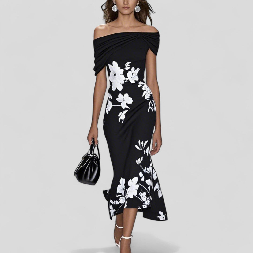 Black off-shoulder midi dress with white floral print, draped gathered neckline