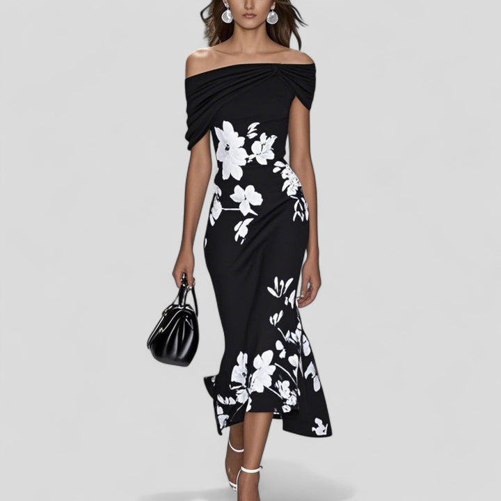 Black off-shoulder midi dress with white floral print, draped gathered neckline
