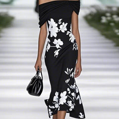 Black off-shoulder midi dress with white floral print and gathered waist