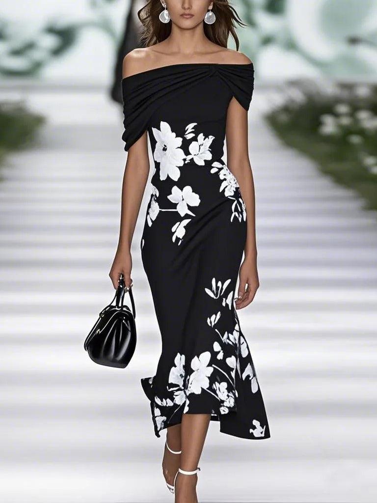 Black off-shoulder midi dress with white floral print and gathered waist