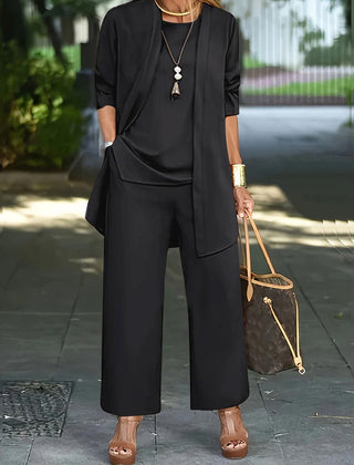 Black 3-piece lounge set with long tunic, front pockets, and wide-leg pants