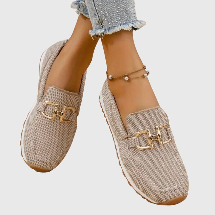 Beige mesh orthopedic loafers with gold buckle ornament and treaded sole