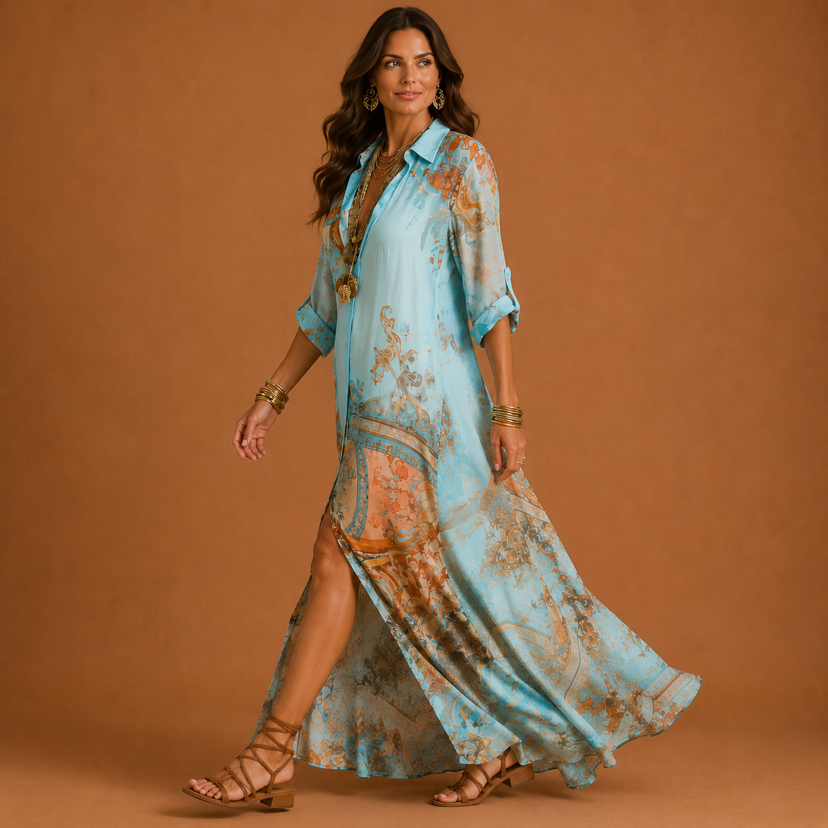 Maria™ blouse dress in light blue print, V-neck maxi with draped skirt and short sleeves