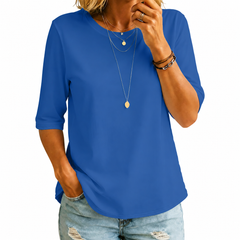 Royal blue crewneck comfort tee with 3/4 sleeves and draped fit