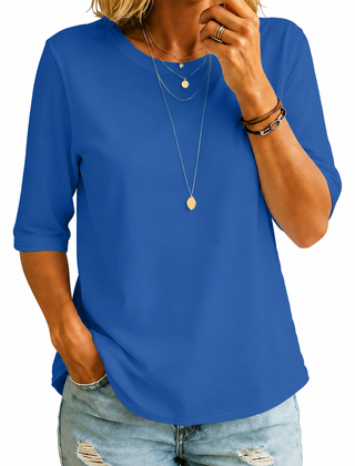 Royal blue crewneck comfort tee with 3/4 sleeves and draped fit