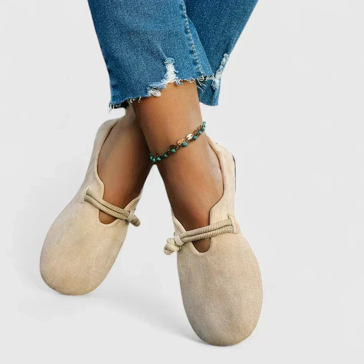 Beige orthopedic loafer slip-on with front braided tie strap and round toe