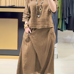 Khaki two-piece outfit: long-sleeve tunic and gathered midi skirt with pockets