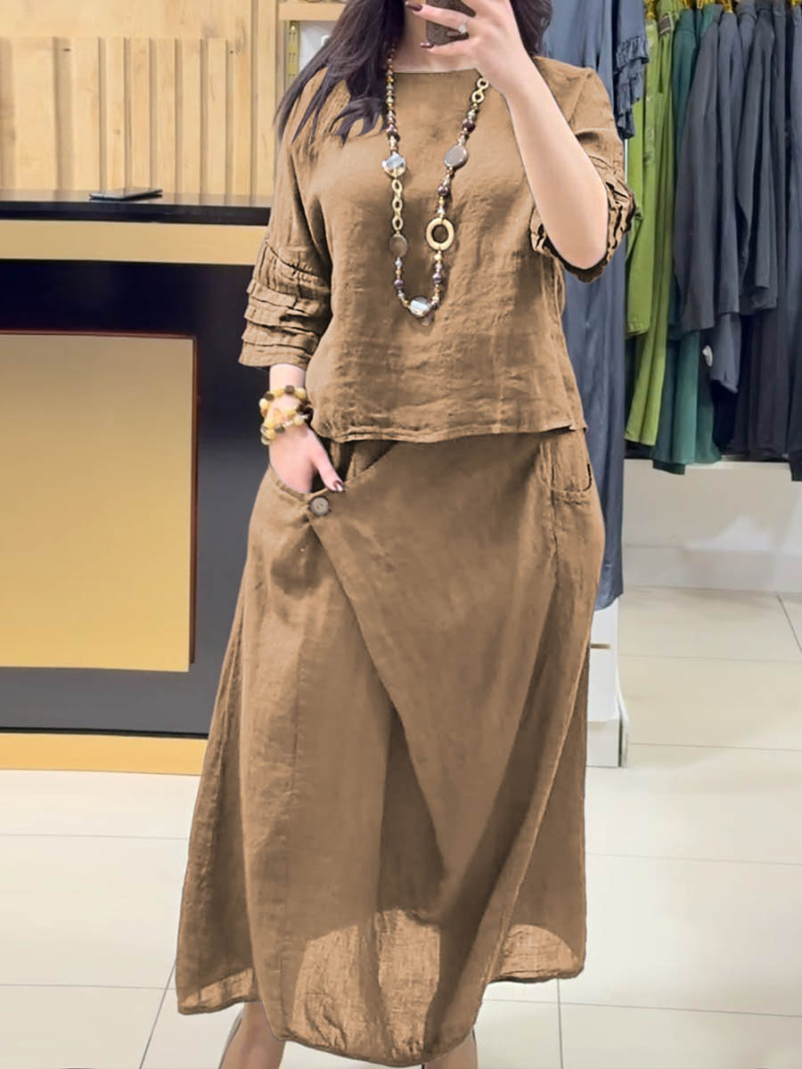 Khaki two-piece outfit: long-sleeve tunic and gathered midi skirt with pockets