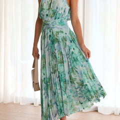 Floral halter midi dress in aqua and teal with gathered waist and tiered skirt