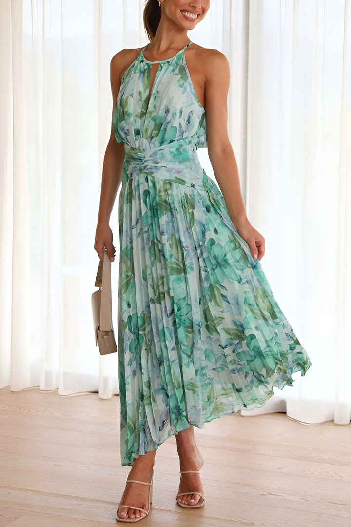Floral halter midi dress in aqua and teal with gathered waist and tiered skirt