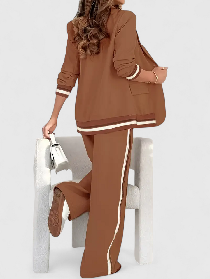 Brown lounge set with three-quarter jacket and wide-leg trousers with contrast stripe details