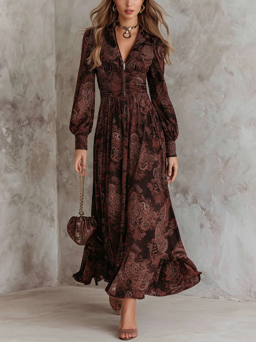 Amelia™ paisley zip maxi dress, dark burgundy, long sleeves, V-neck