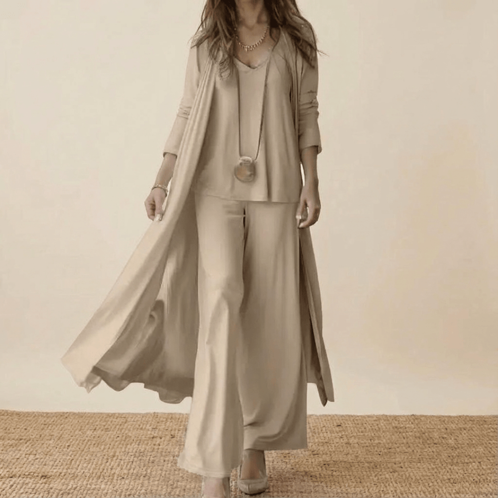 Taupe 3-piece set with layered long tunic, draped cardigan, and wide-leg pants
