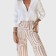 Emilia™ pants set: white blouse, geometric khaki trousers, belt detail