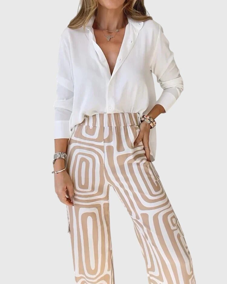 Emilia™ pants set: white blouse, geometric khaki trousers, belt detail