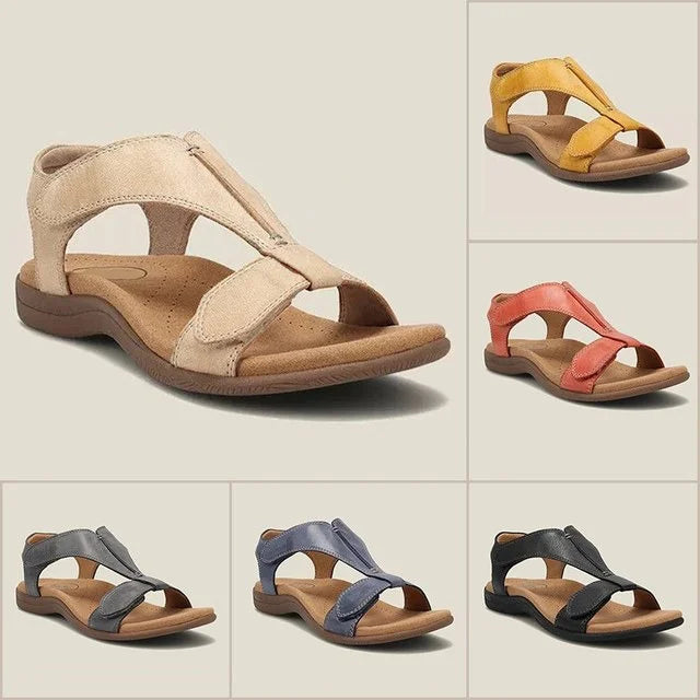 Orthopedic sandals shown together: beige, yellow, red, and blue side views
