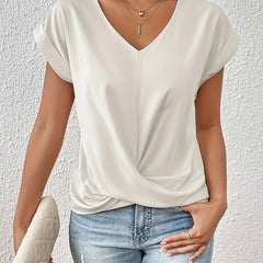 Women's white V-neck T-shirt with short sleeves and front twist drape.