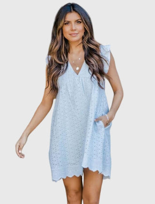2-in-1 summer dress, light blue V-neck eyelet with scalloped hem, cap sleeves
