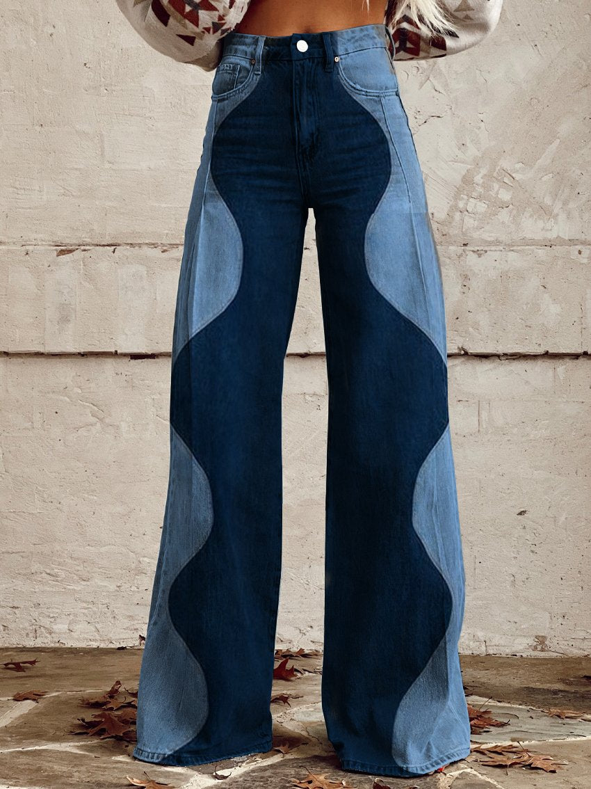 Sole boho vintage jeans, wide-leg patchwork panels and front button closure