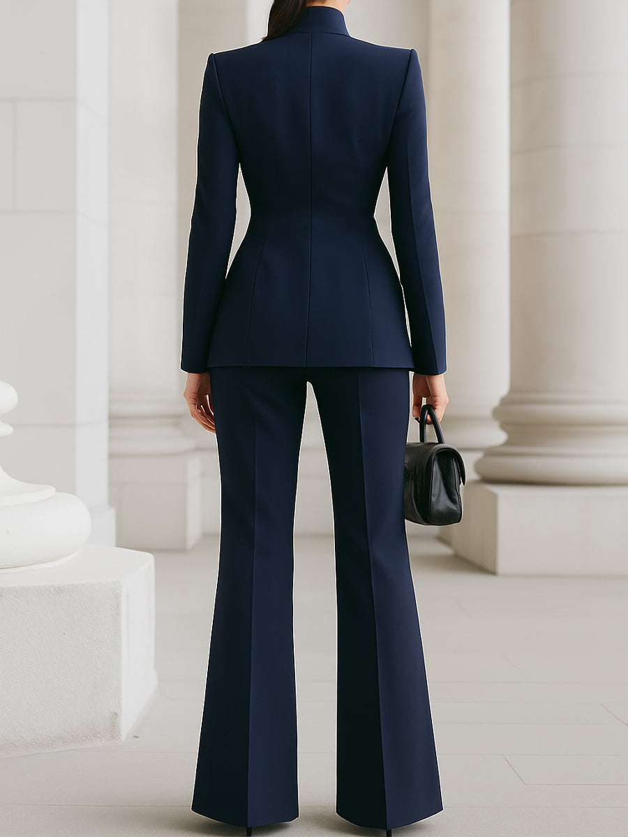 Navy tailored two-piece set, back view: fitted blazer and wide-leg flared pants
