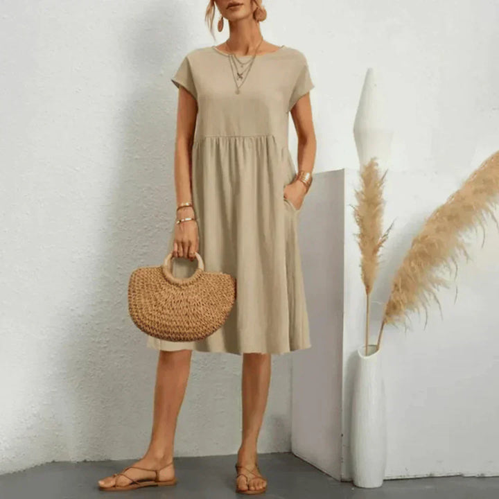 Mira™ relaxed midi dress, light beige, short sleeves, scoop neck, gathered waist