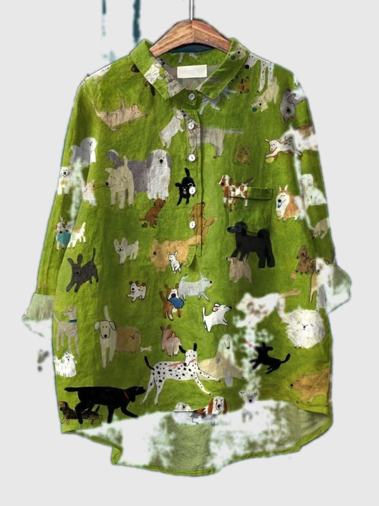Green button-up dog parade shirt with playful animal print all over