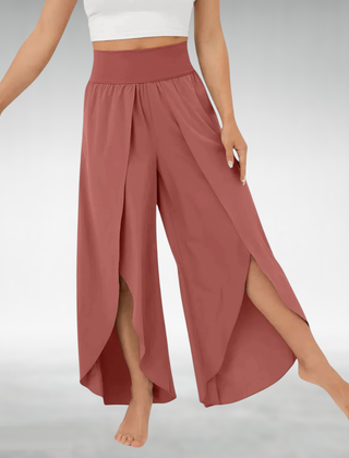 Wine red wide-leg pants with elastic waist and flowing side slit hems