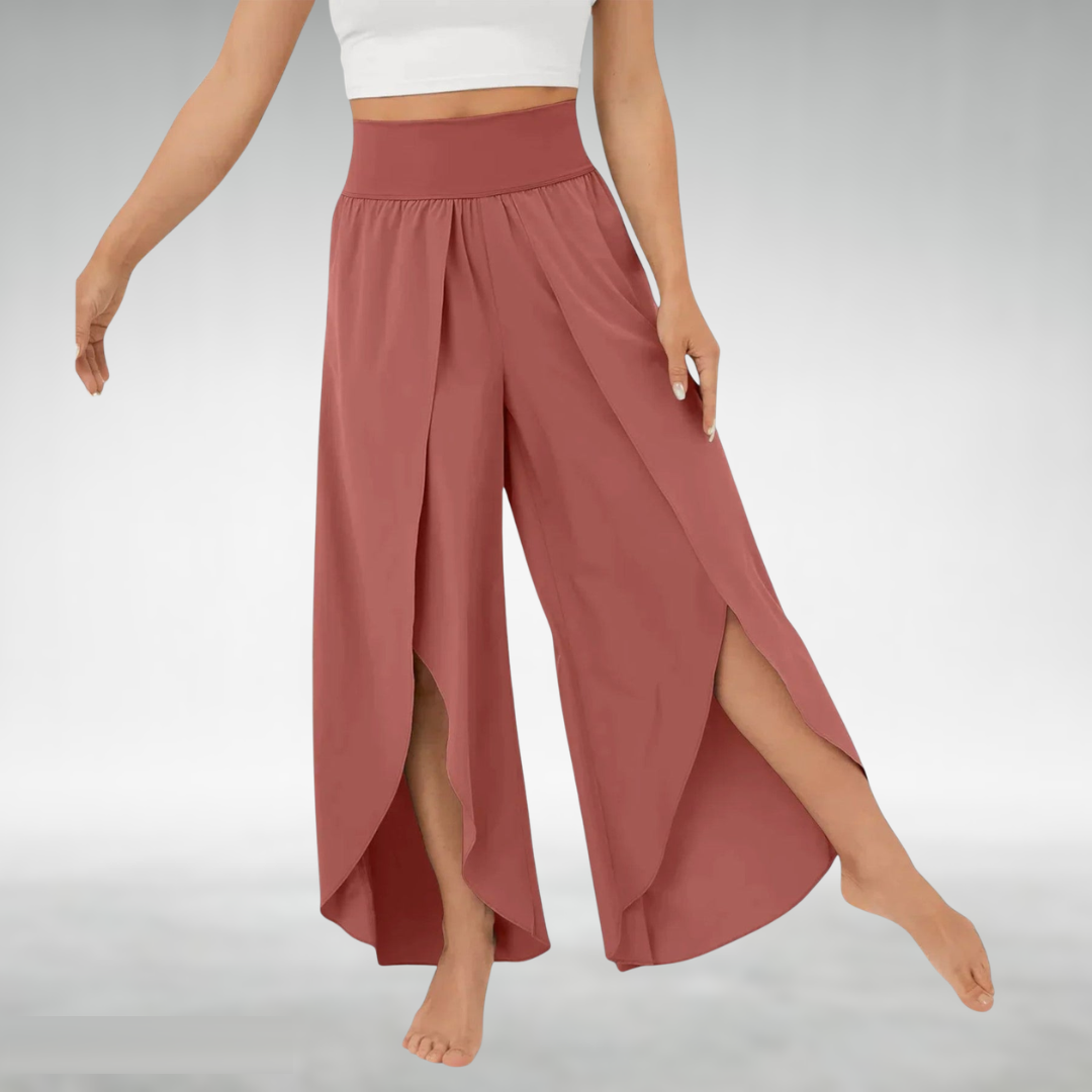 Wine red wide-leg pants with elastic waist and flowing side slit hems