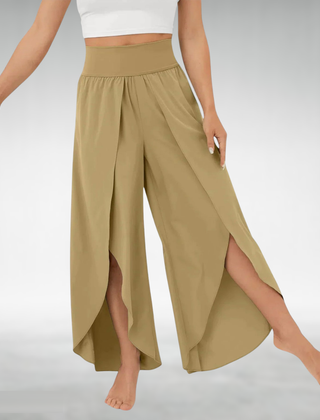 Khaki wide-leg pants with elastic waist and flowing side slit hems