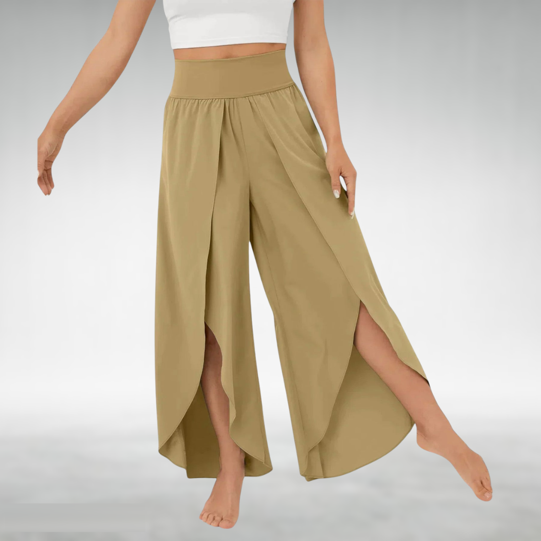 Khaki wide-leg pants with elastic waist and flowing side slit hems