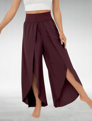 Wine plum wide-leg pants with elastic waist and draped side slit legs