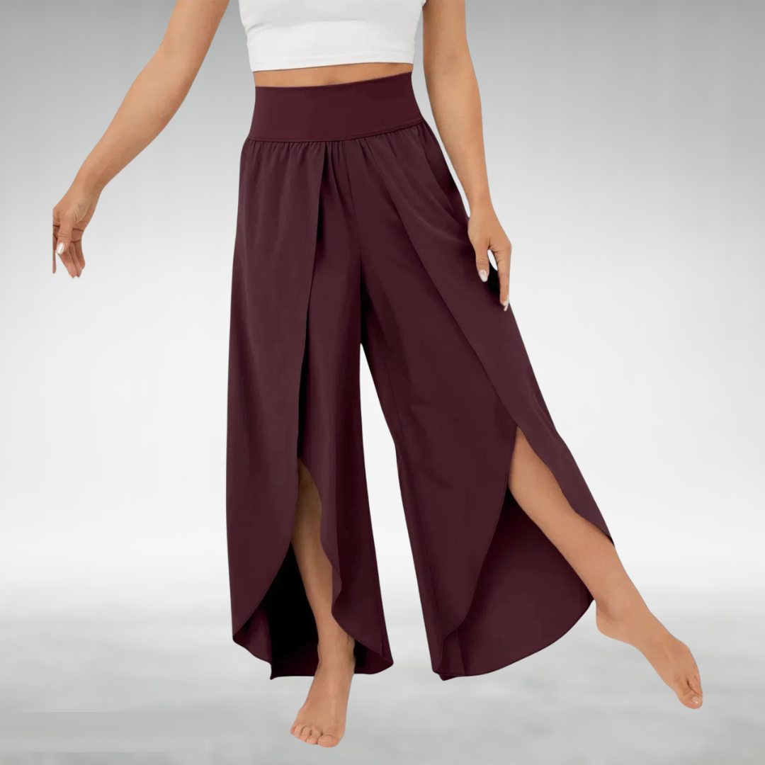 Wine plum wide-leg pants with elastic waist and draped side slit legs