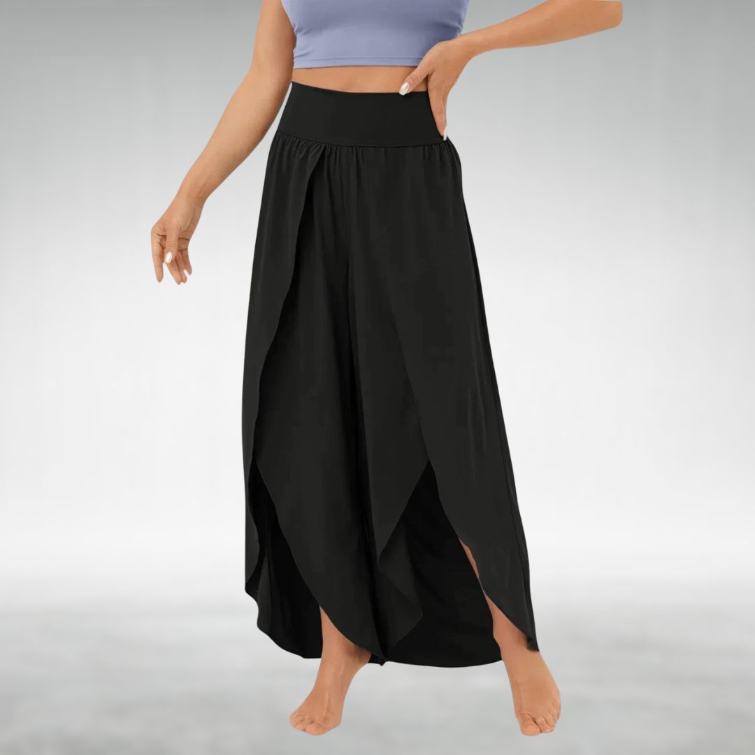 Black wide-leg pants with elastic waist and draped side slit hems