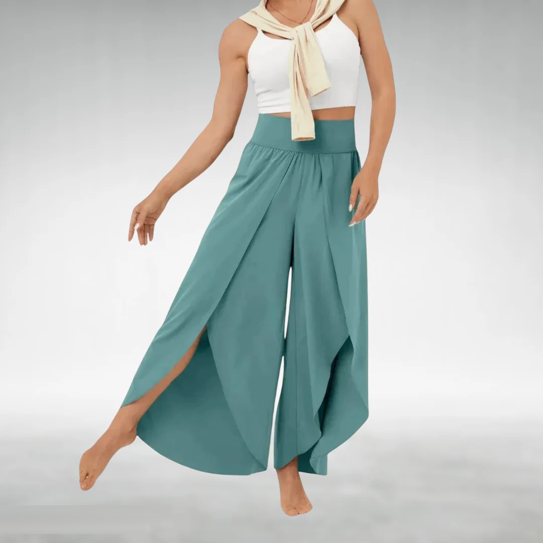Turquoise wide-leg pants with elastic waist and draped side slit legs