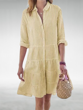 Yellow striped button-front midi dress with tiered ruffle layers and rolled sleeves