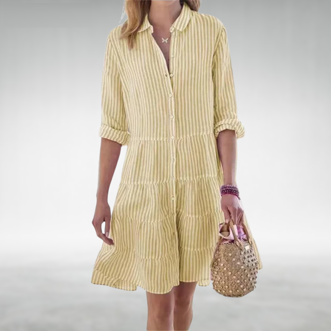 Yellow striped button-front midi dress with tiered ruffle layers and rolled sleeves