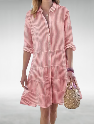 Pink striped button-front midi dress with tiered ruffle hem and rolled sleeves
