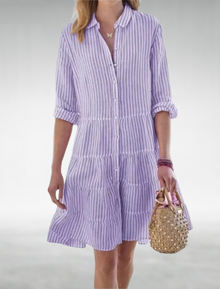 Green striped button-front midi dress with tiered ruffle hem and rolled sleeves