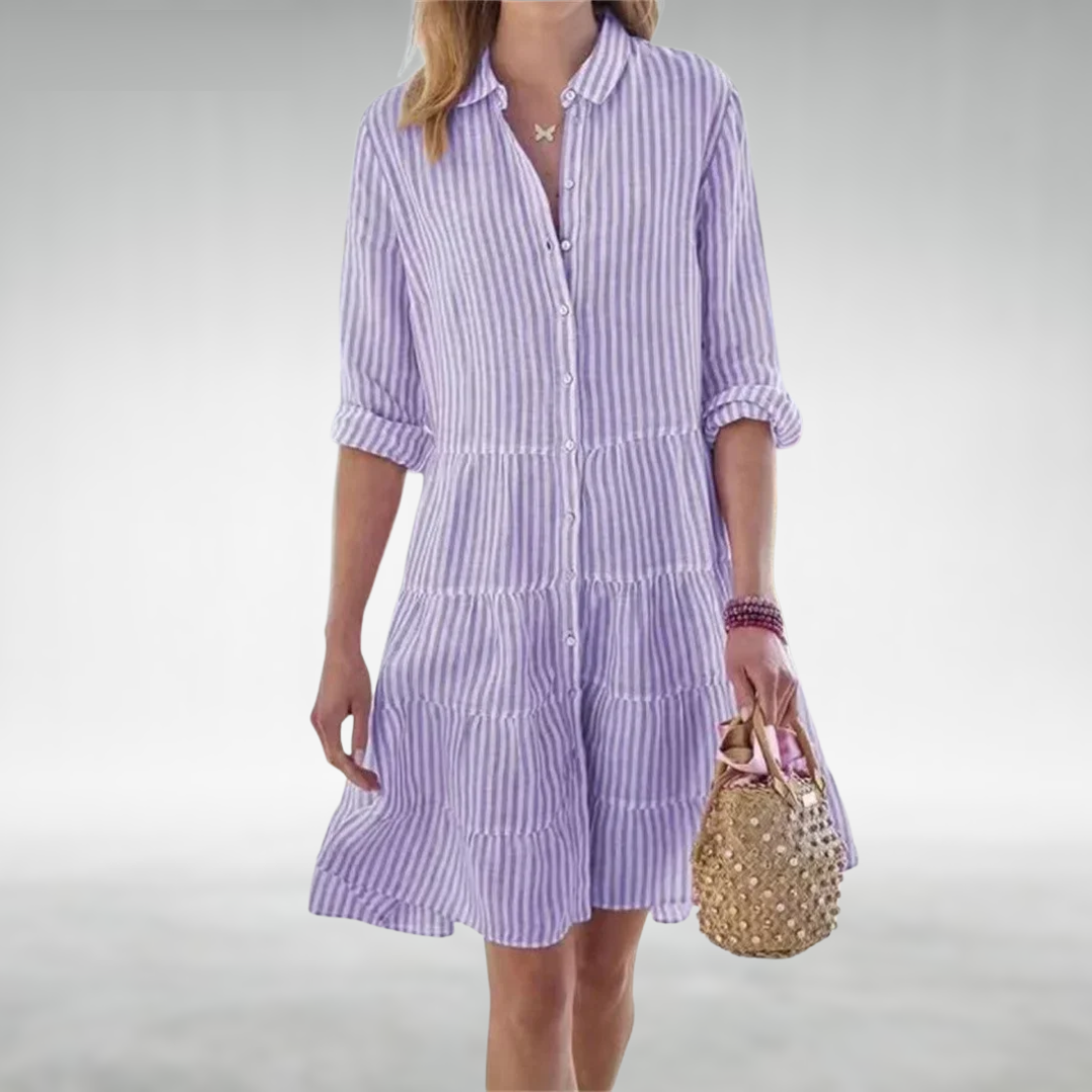 Green striped button-front midi dress with tiered ruffle hem and rolled sleeves