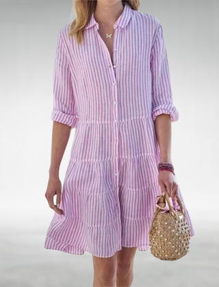 Purple striped button-front midi dress with tiered ruffle hem and rolled sleeves