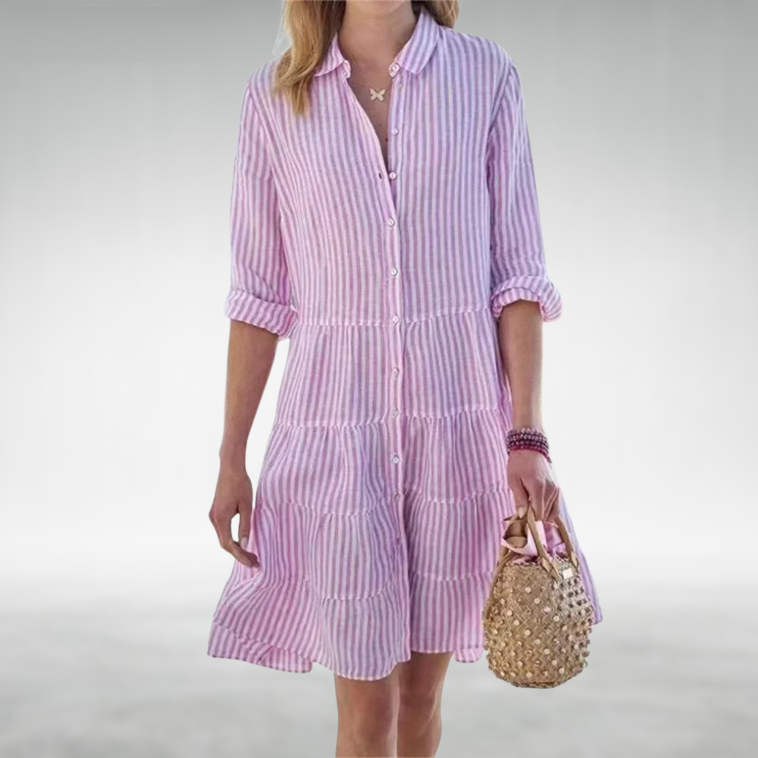 Purple striped button-front midi dress with tiered ruffle hem and rolled sleeves