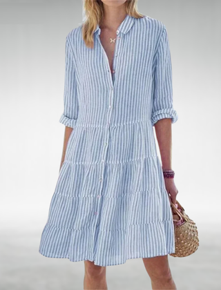 Blue striped button-front midi dress with tiered ruffle skirt and rolled sleeves