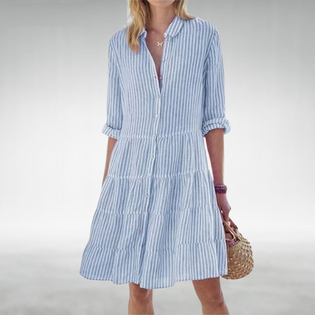 Blue striped button-front midi dress with tiered ruffle skirt and rolled sleeves